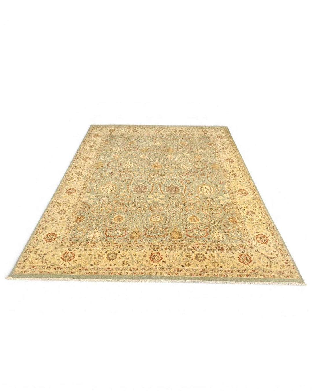 Border detail of pale sage Ghazni hand-knotted rug