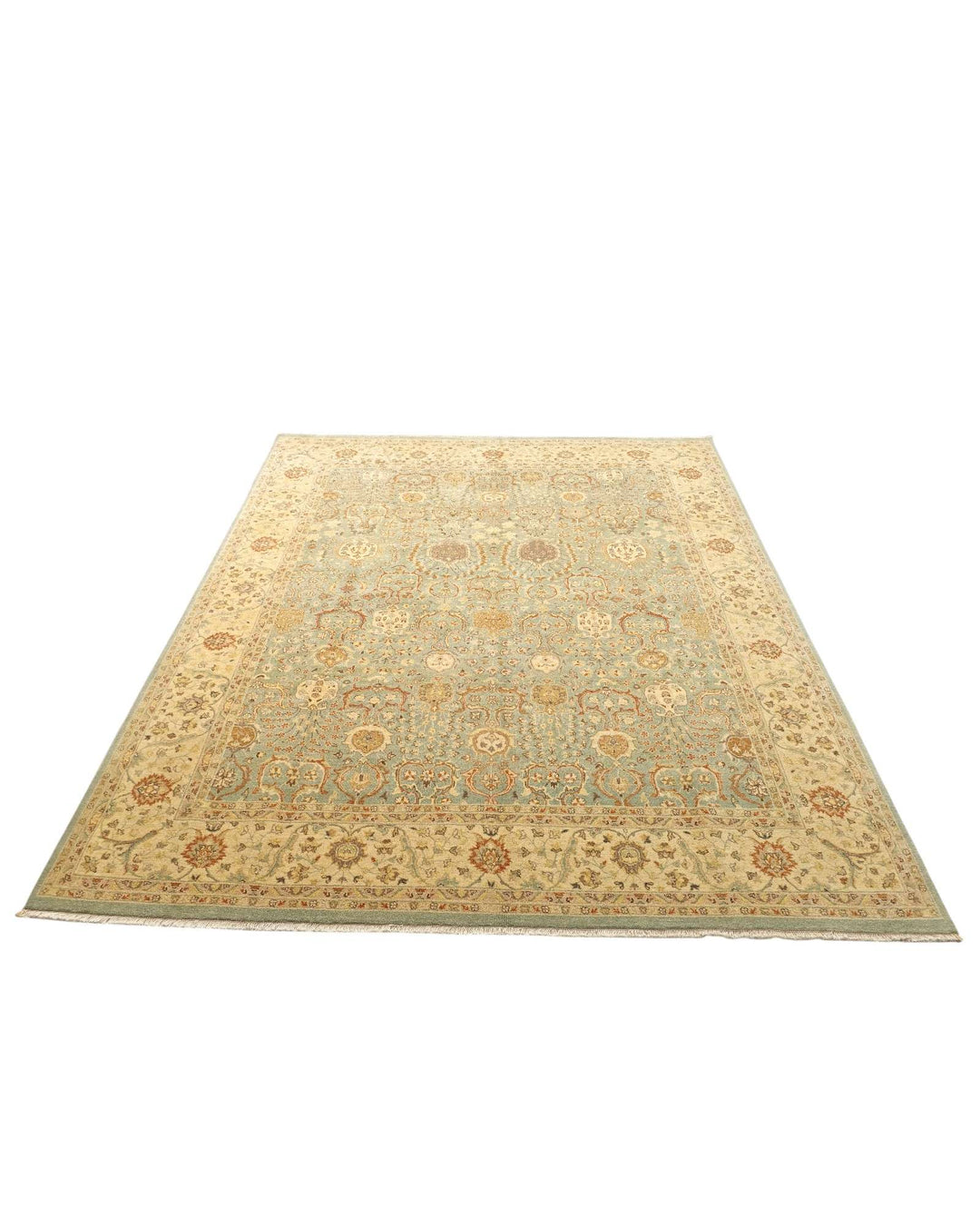 Hand-knotted wool pile of pale sage gold Ghazni rug