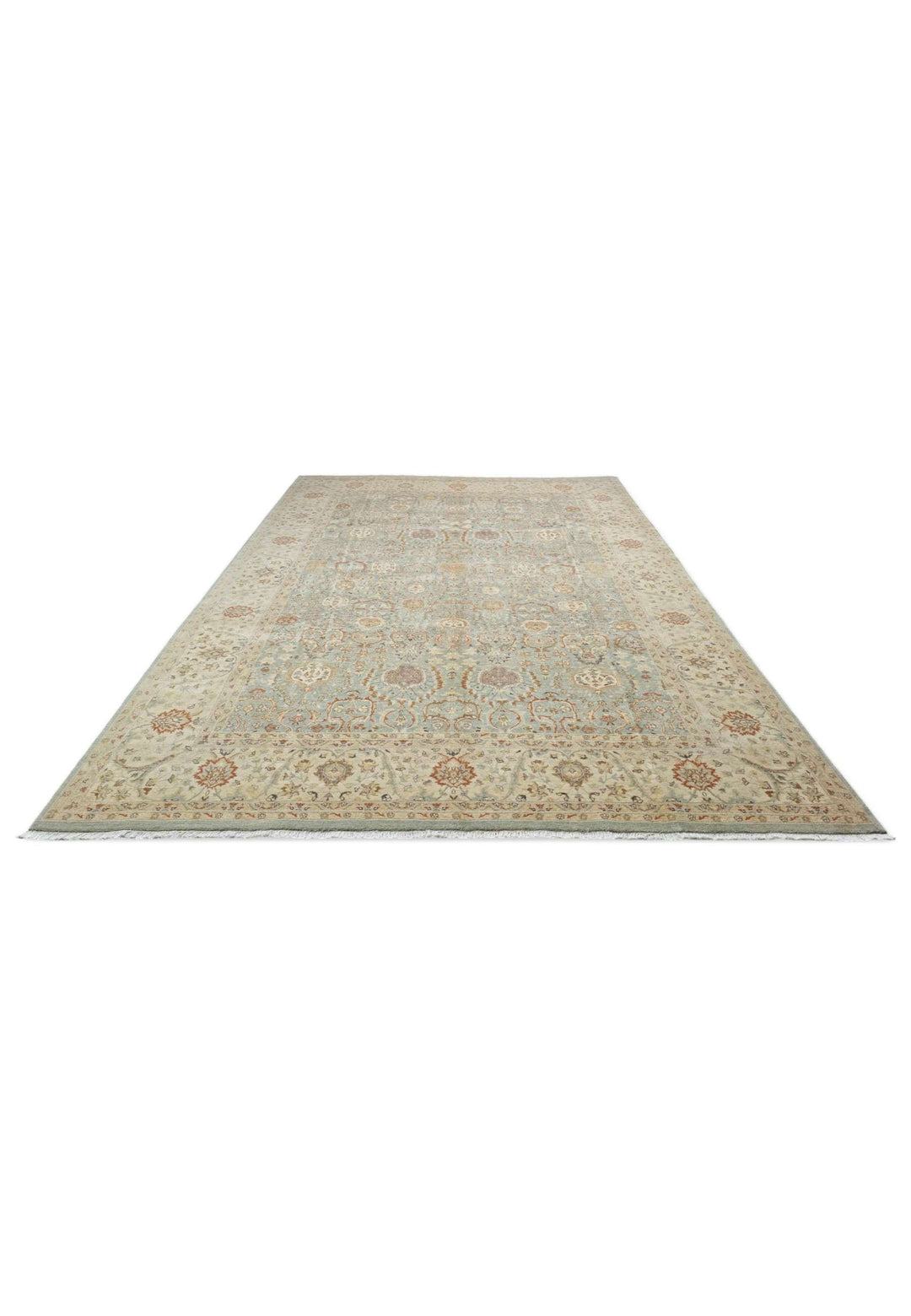 Border detail of sage sandstone Ghazni hand-knotted rug
