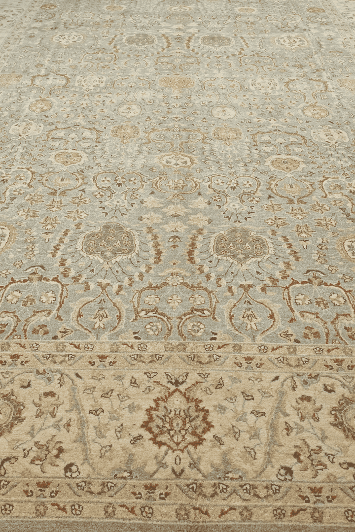 Hand-knotted sage Ghazni rug with sandstone floral field