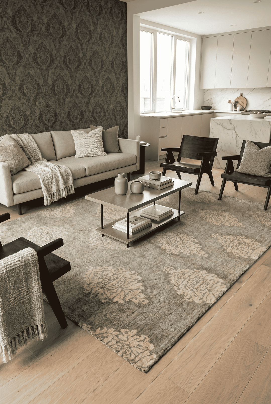 Damask detail in sage and cream on Afghan Ghazni rug
