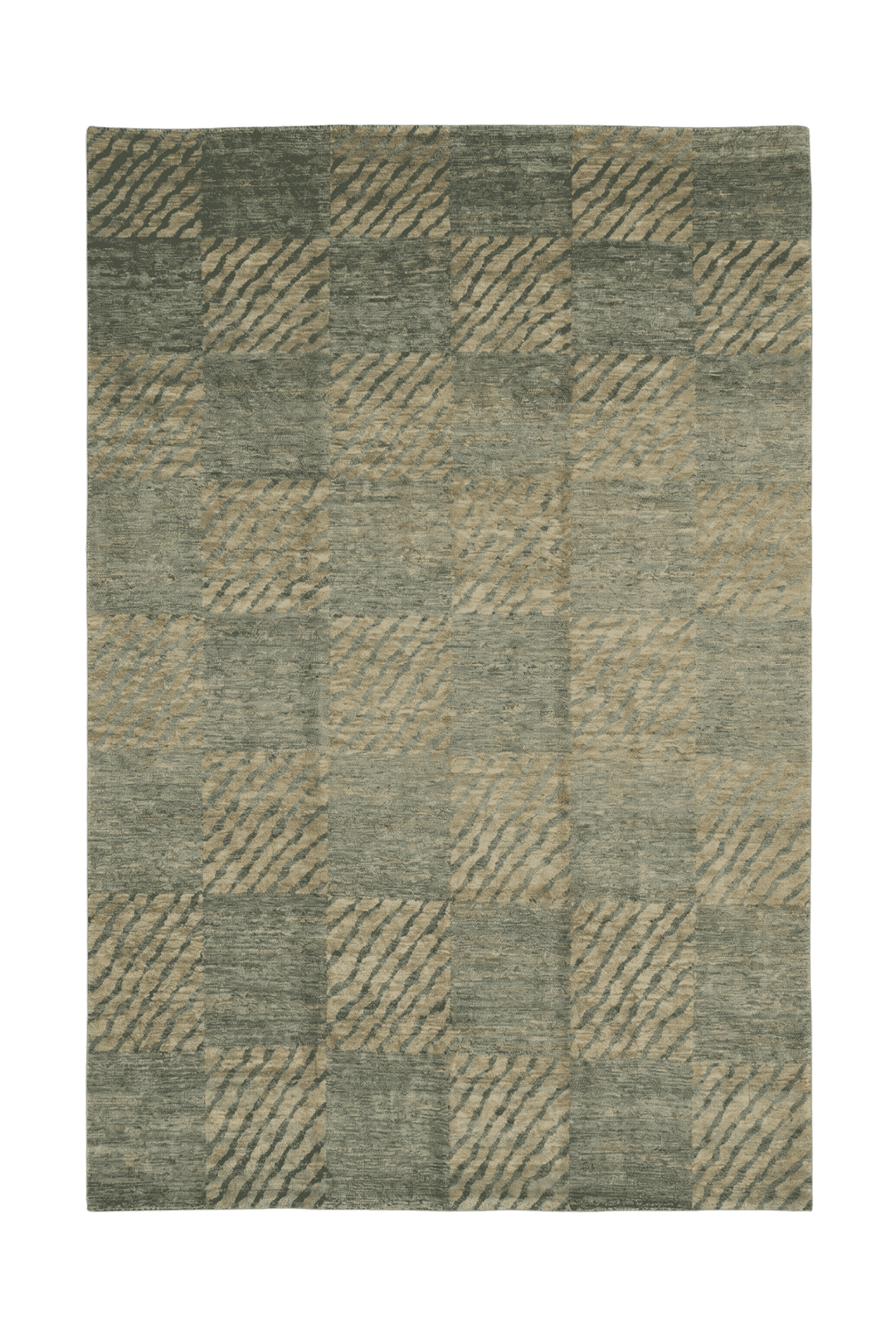 Sage green checkerboard Ghazni rug, hand-knotted Afghan wool