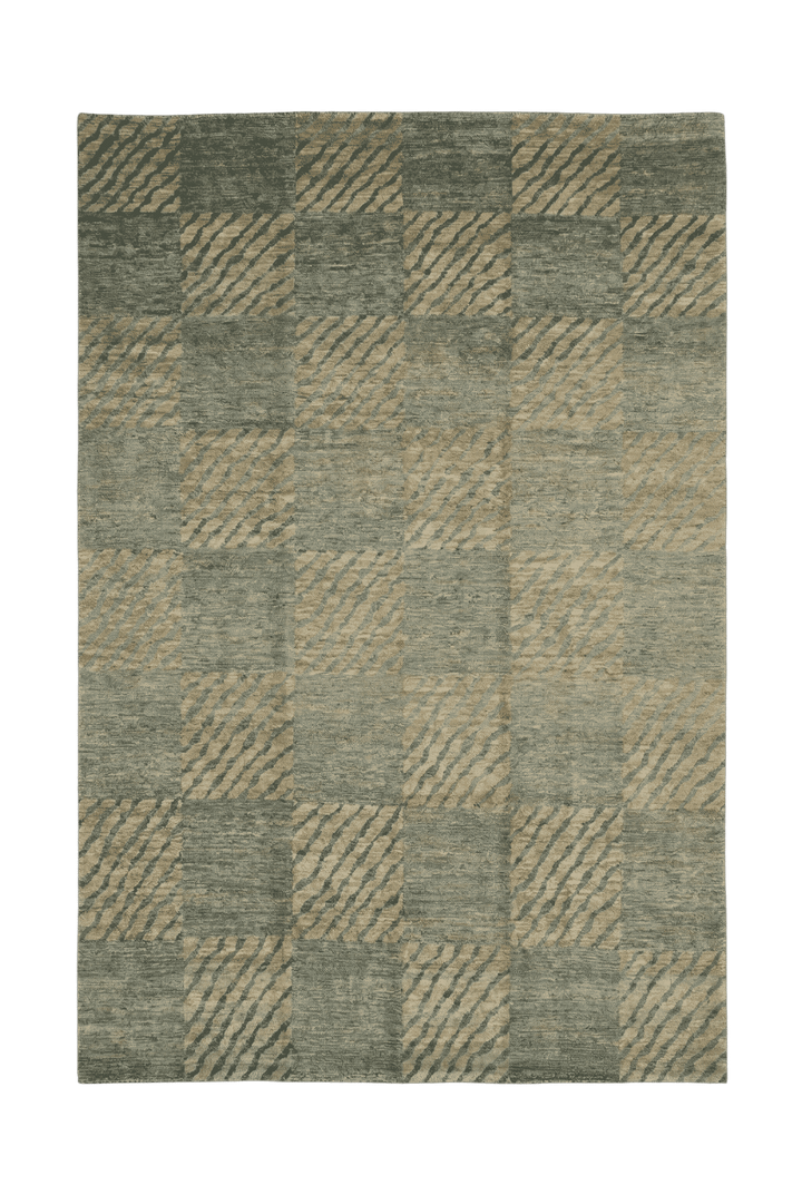 Sage green checkerboard Ghazni rug, hand-knotted Afghan wool