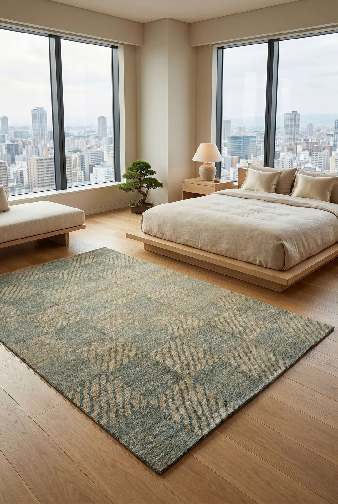 Border detail of sage green checkerboard Ghazni rug