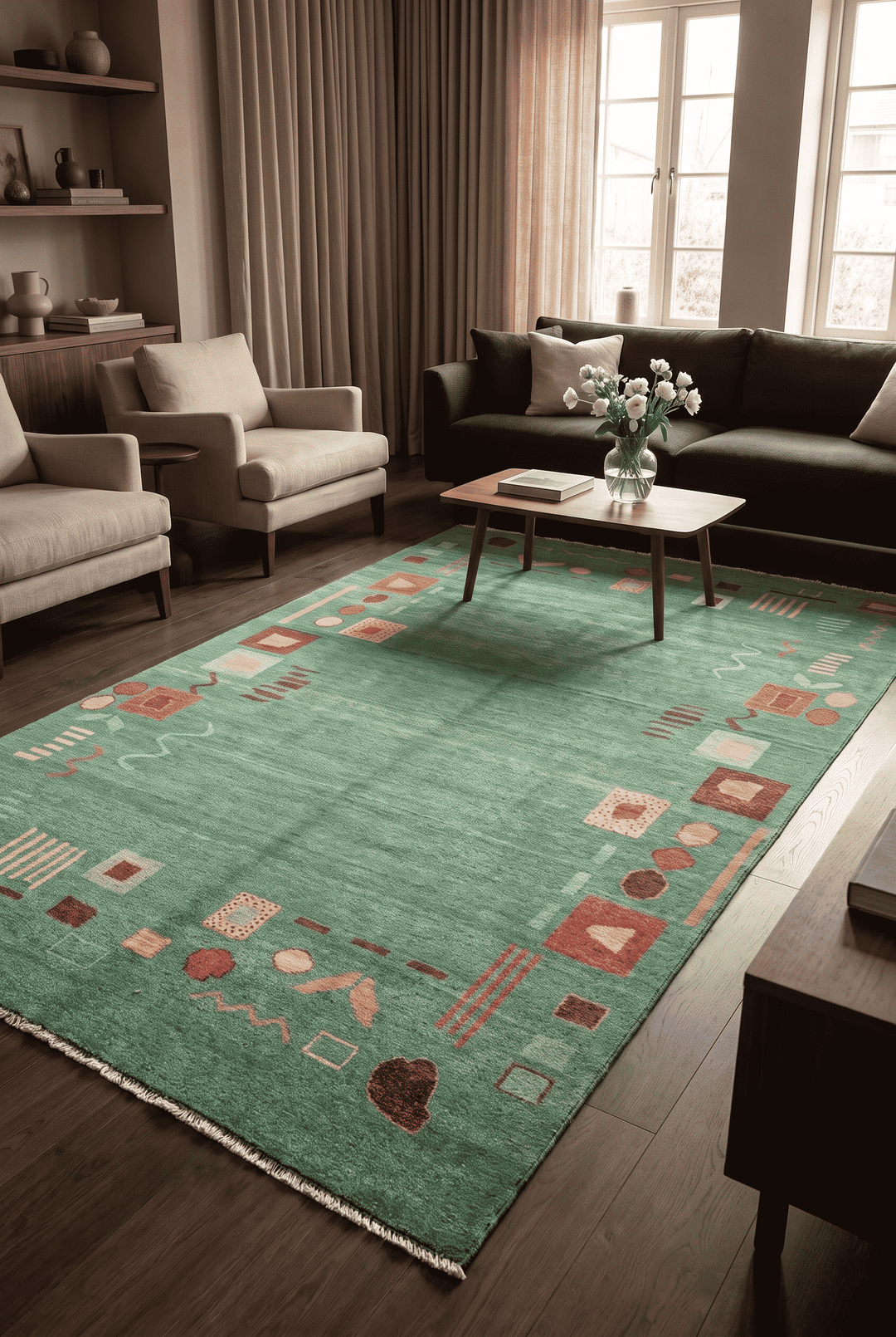 Tribal motif detail in sea green on Afghan Ghazni rug