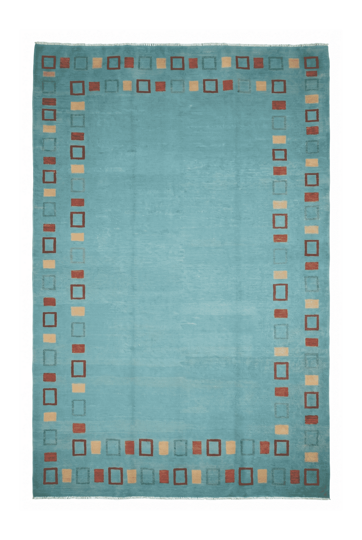 Soft Turquoise Afghan Ghazni Rug, plain design, hand-knotted, 221×306cm