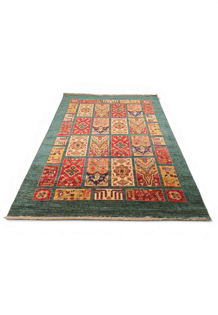 Hand-knotted wool pile of teal Bakhtiari Ghazni rug