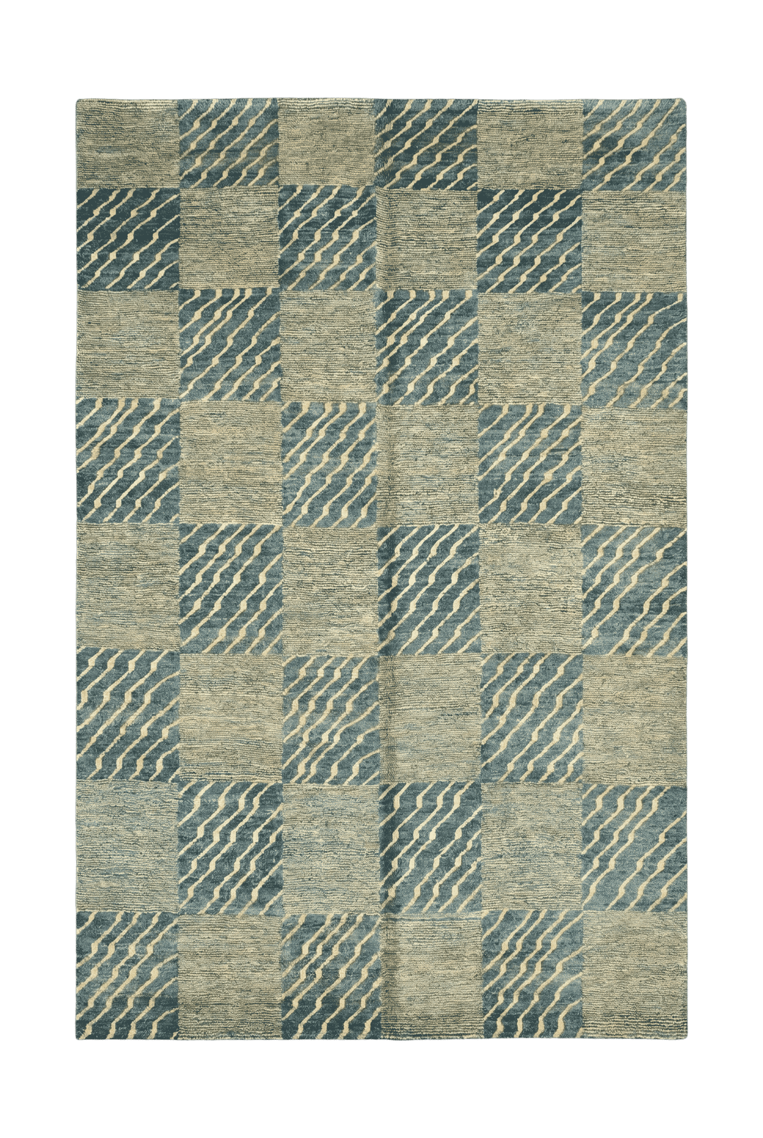 Blue and cream checkerboard Afghan rug in Ghazni wool, hand-knotted