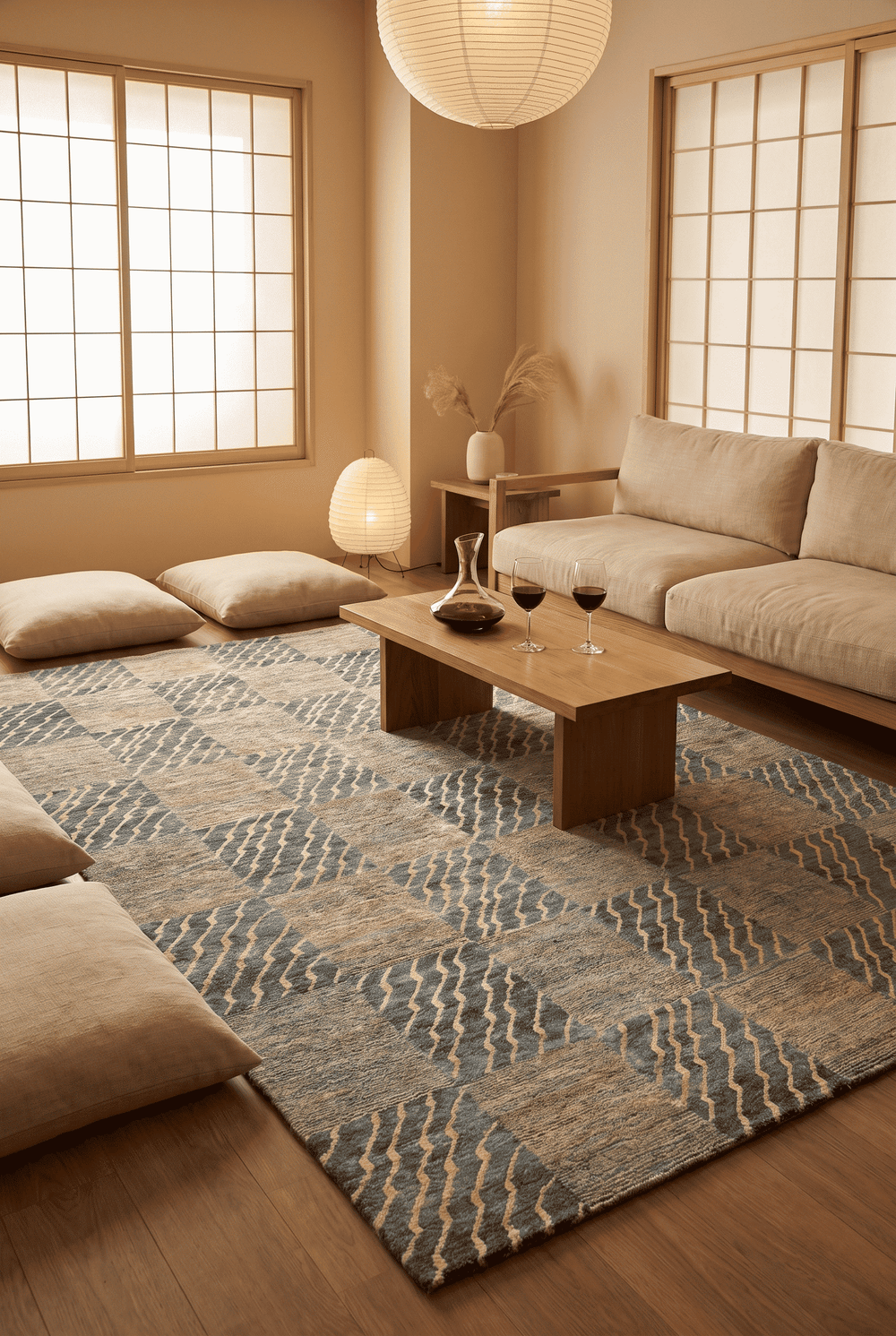 Checkerboard design in blue and cream on Afghan Ghazni rug