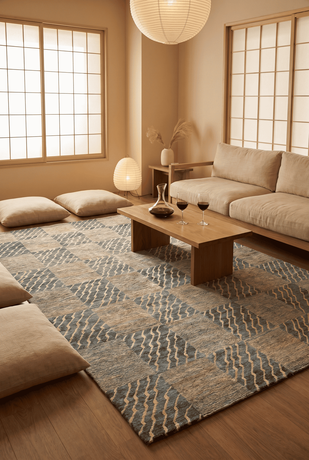 Checkerboard design in blue and cream on Afghan Ghazni rug