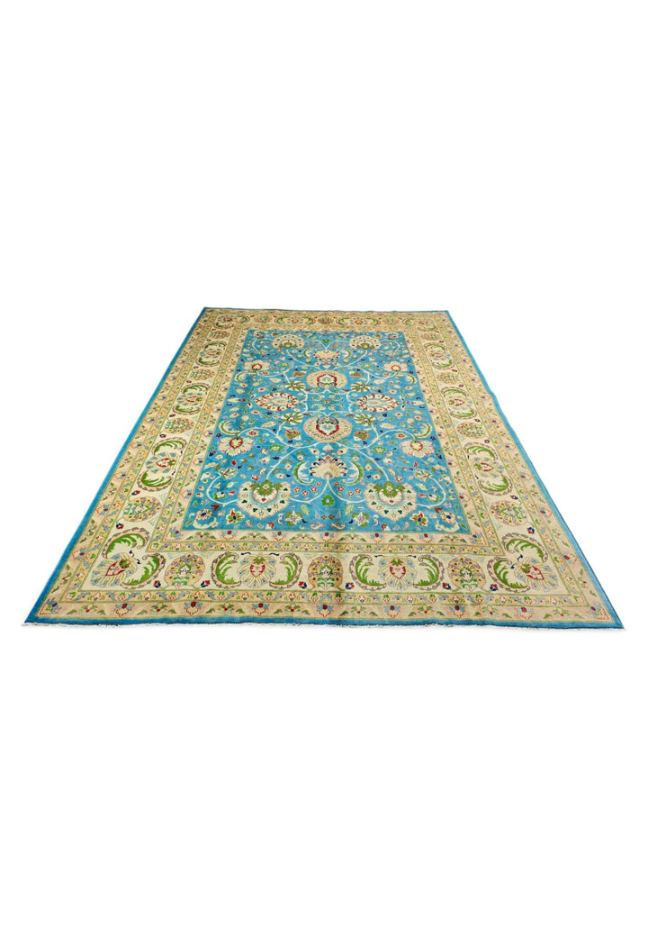 Border detail of turquoise Chobi Ghazni hand-knotted rug