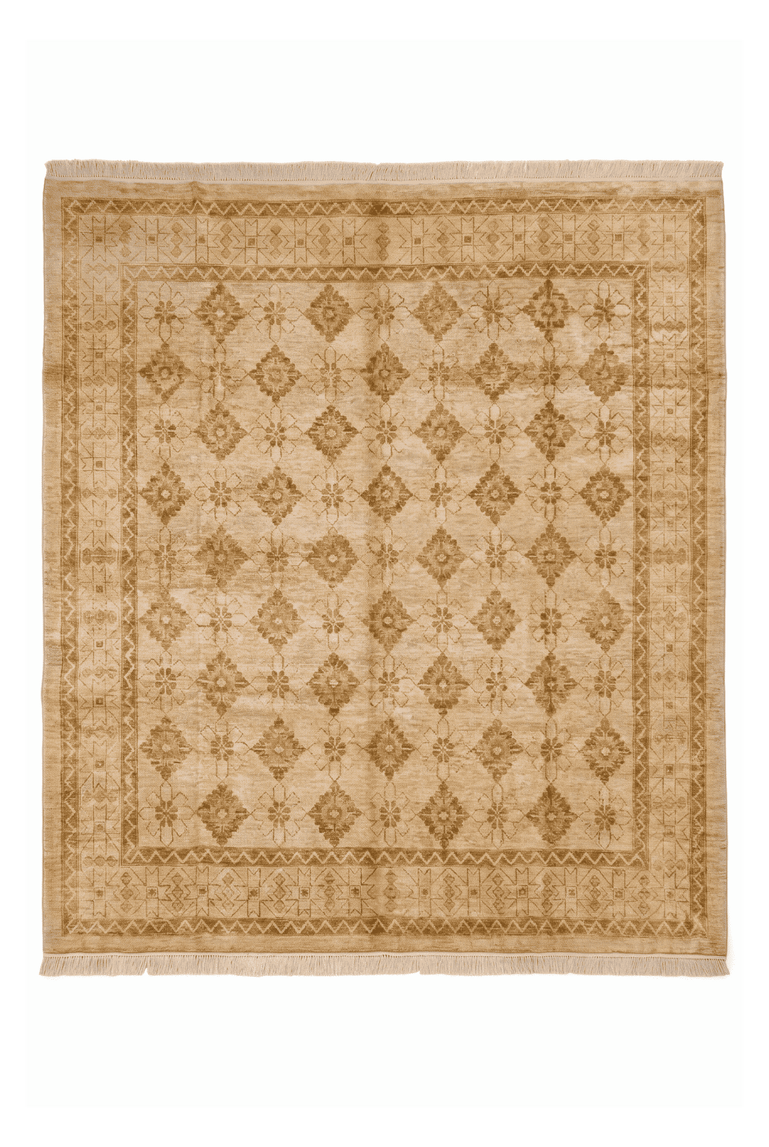 Wheat gold diamond lattice square Ghazni rug, 245×251cm, 4.5 tatami