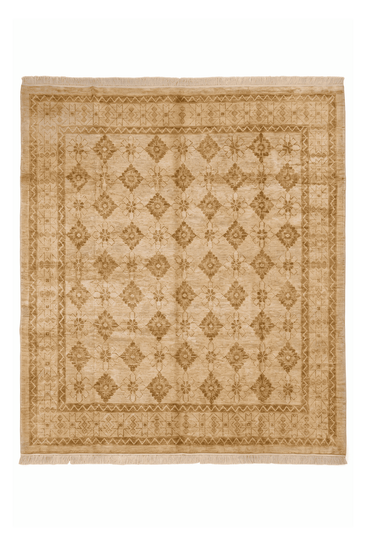 Wheat gold diamond lattice square Ghazni rug, 245×251cm, 4.5 tatami