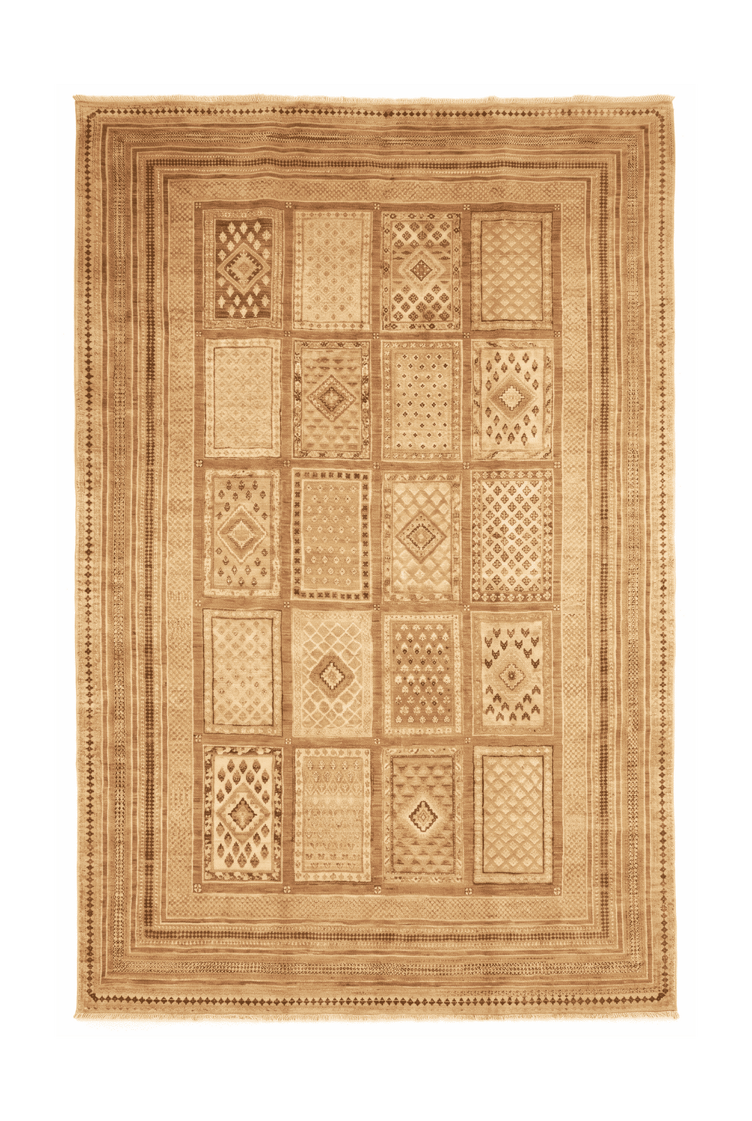 Wheat Gold Afghan Ghazni Rug, patchwork design, hand-knotted, 195×293cm
