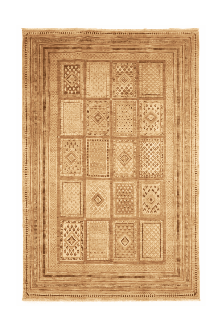 Wheat Gold Afghan Ghazni Rug, patchwork design, hand-knotted, 195×293cm