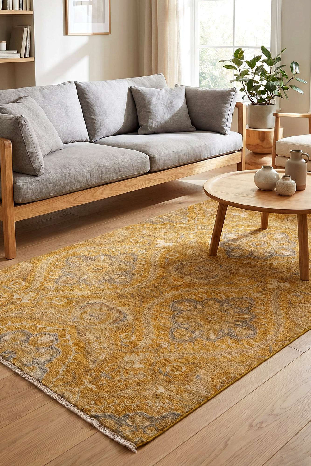 Garden design in amber on Afghan Gabbeh wool and silk rug