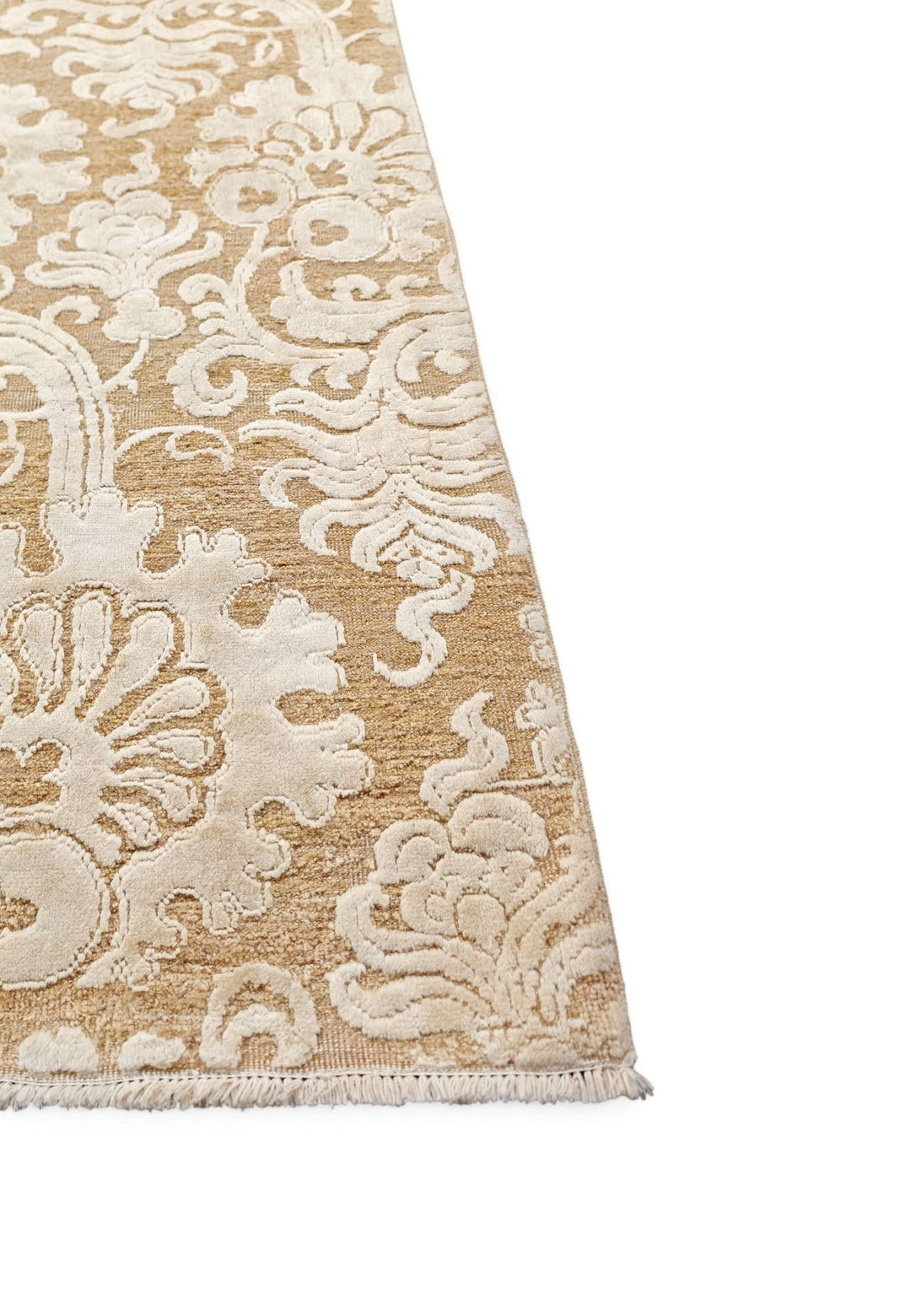 Corner of ivory camel damask Ghazni hand-knotted rug