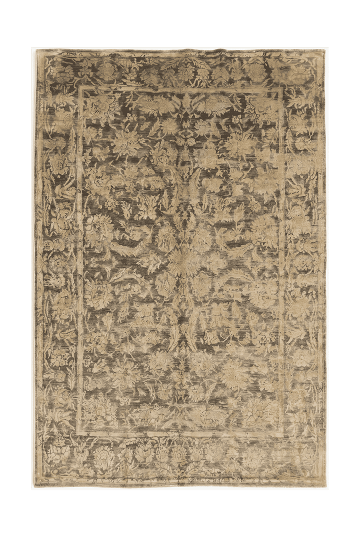 Charcoal and gold floral Ghazni rug in wool and silk, 169×234cm