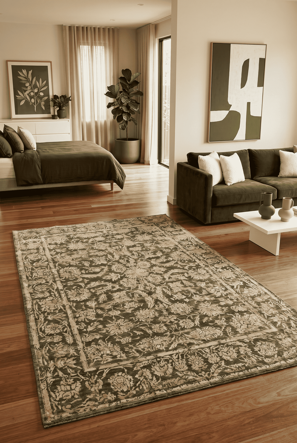 Floral detail in charcoal and gold on Ghazni wool and silk rug
