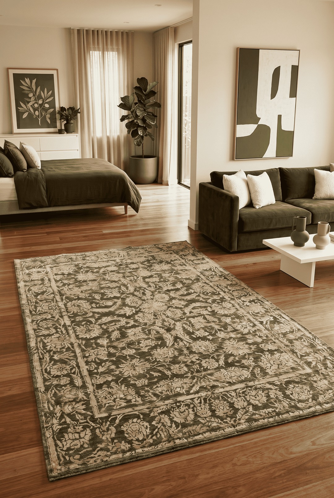 Floral detail in charcoal and gold on Ghazni wool and silk rug