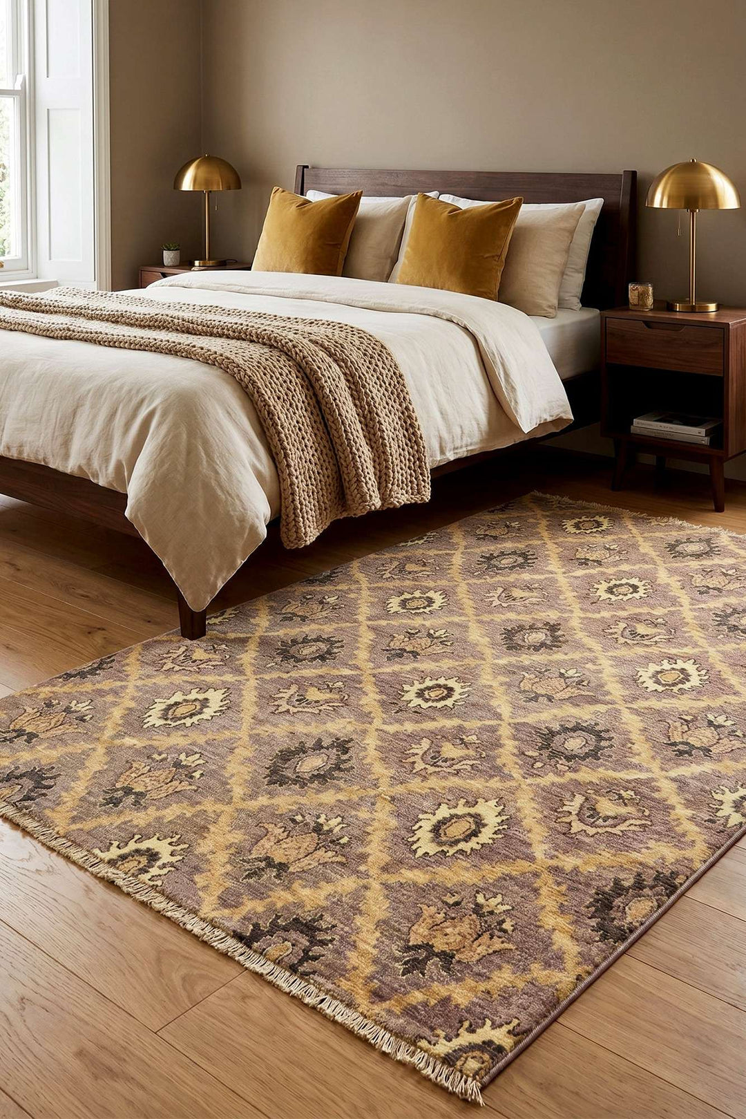 Trellis design in wisteria purple on Afghan Gabbeh wool and silk rug