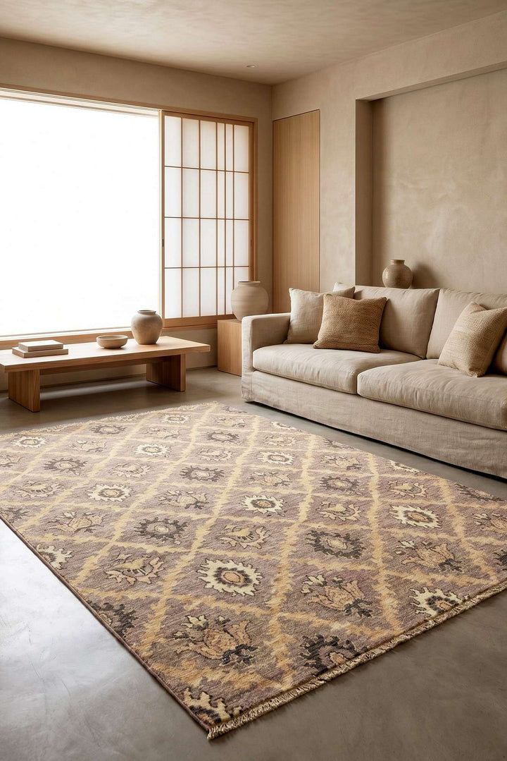 Border detail of wisteria purple hand-knotted Afghan Gabbeh rug
