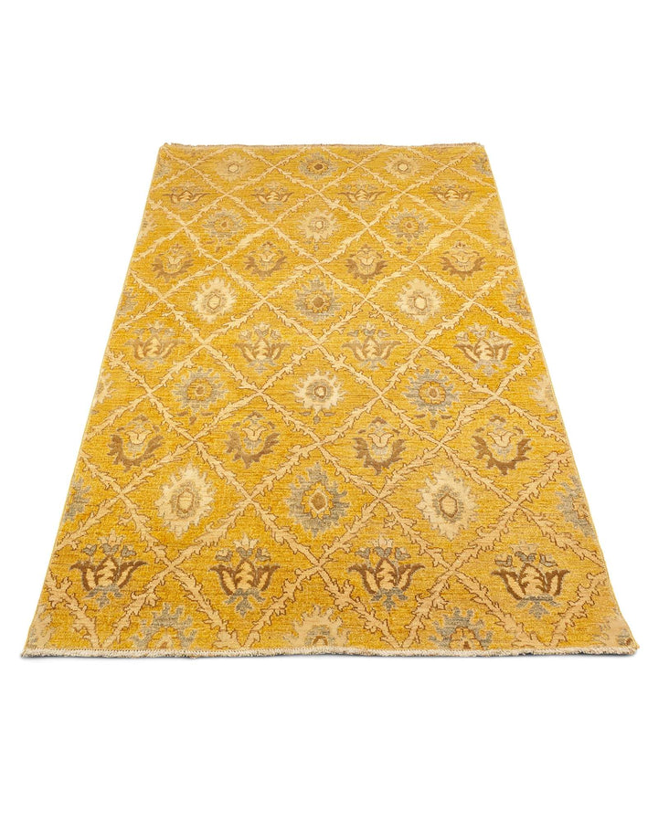 Border detail of deep yellow hand-knotted Afghan Gabbeh rug