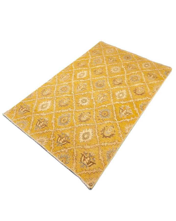 Wool and silk pile of deep yellow trellis Gabbeh rug
