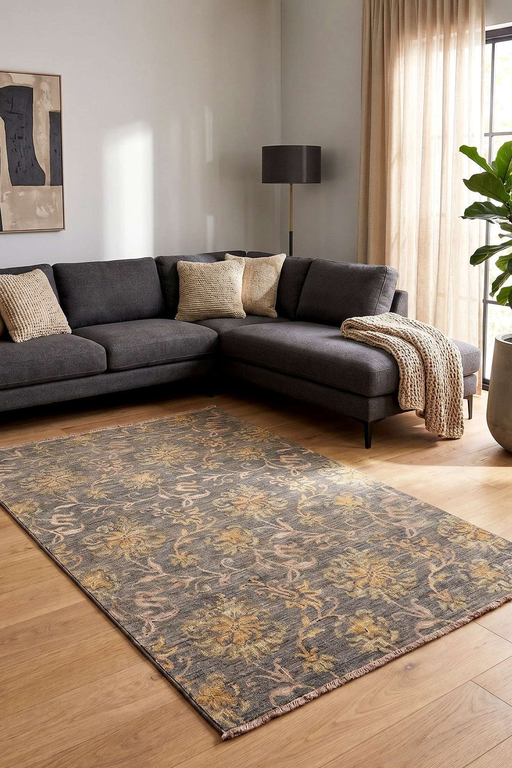 Smoke grey and rose field detail on Afghan Gabbeh rug