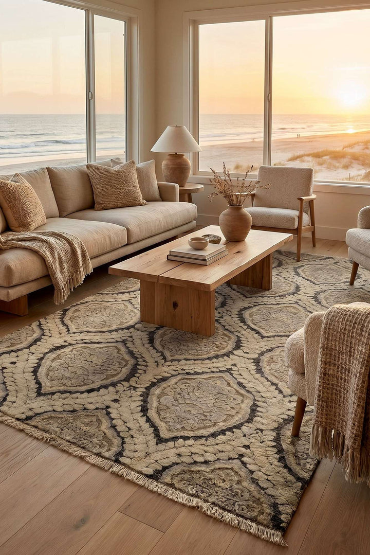 Charcoal field detail on Afghan Gabbeh wool and silk rug