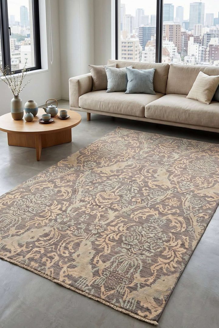 Grey and brown field detail on Afghan Gabbeh wool and silk rug
