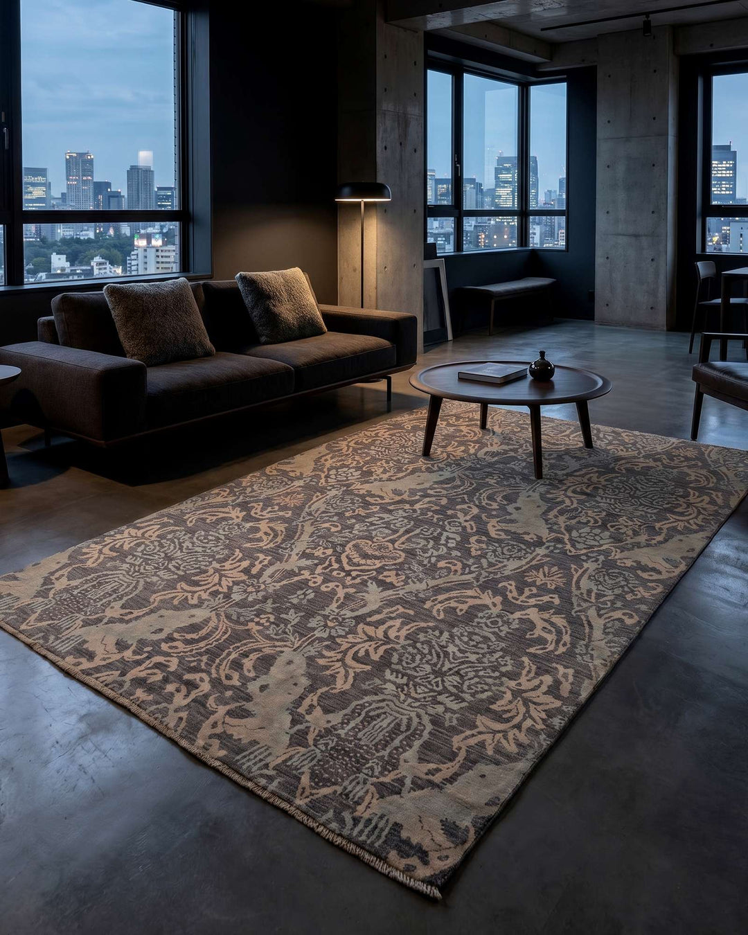 Fringe of grey brown Afghan Gabbeh wool and silk rug