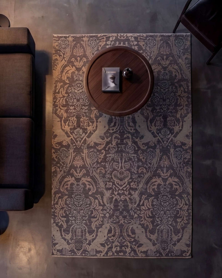 Corner of grey brown Afghan Gabbeh hand-knotted rug