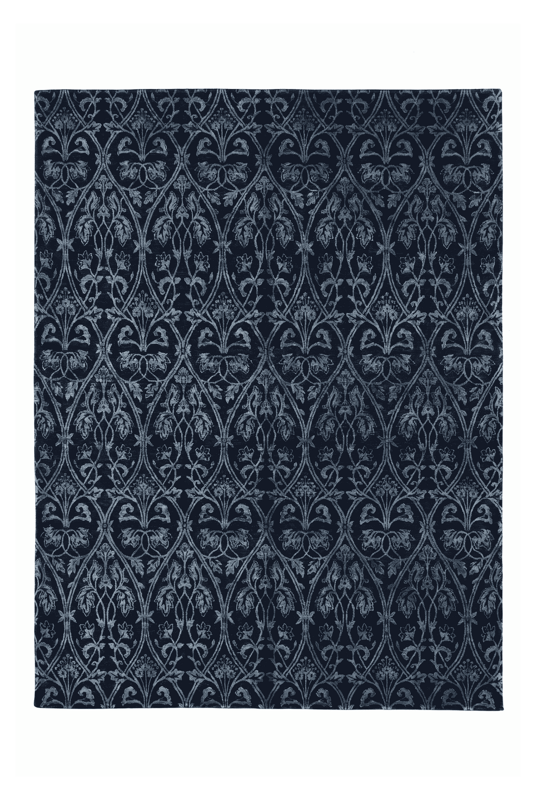 Indigo trellis Ghazni rug in wool and silk, 299×234cm, 4.5 tatami