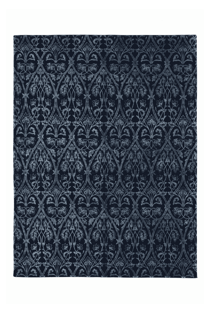 Indigo trellis Ghazni rug in wool and silk, 299×234cm, 4.5 tatami