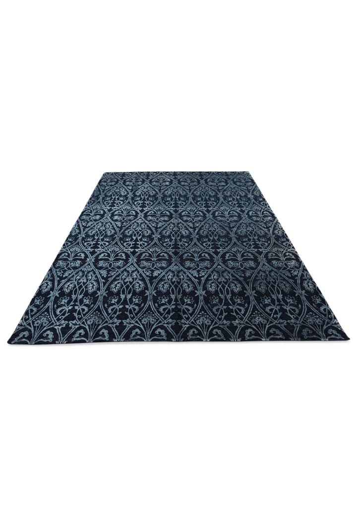 Borderless edge of indigo trellis Ghazni hand-knotted rug