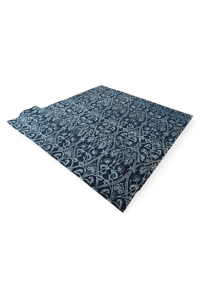 Hand-knotted indigo Ghazni rug with silk trellis, borderless