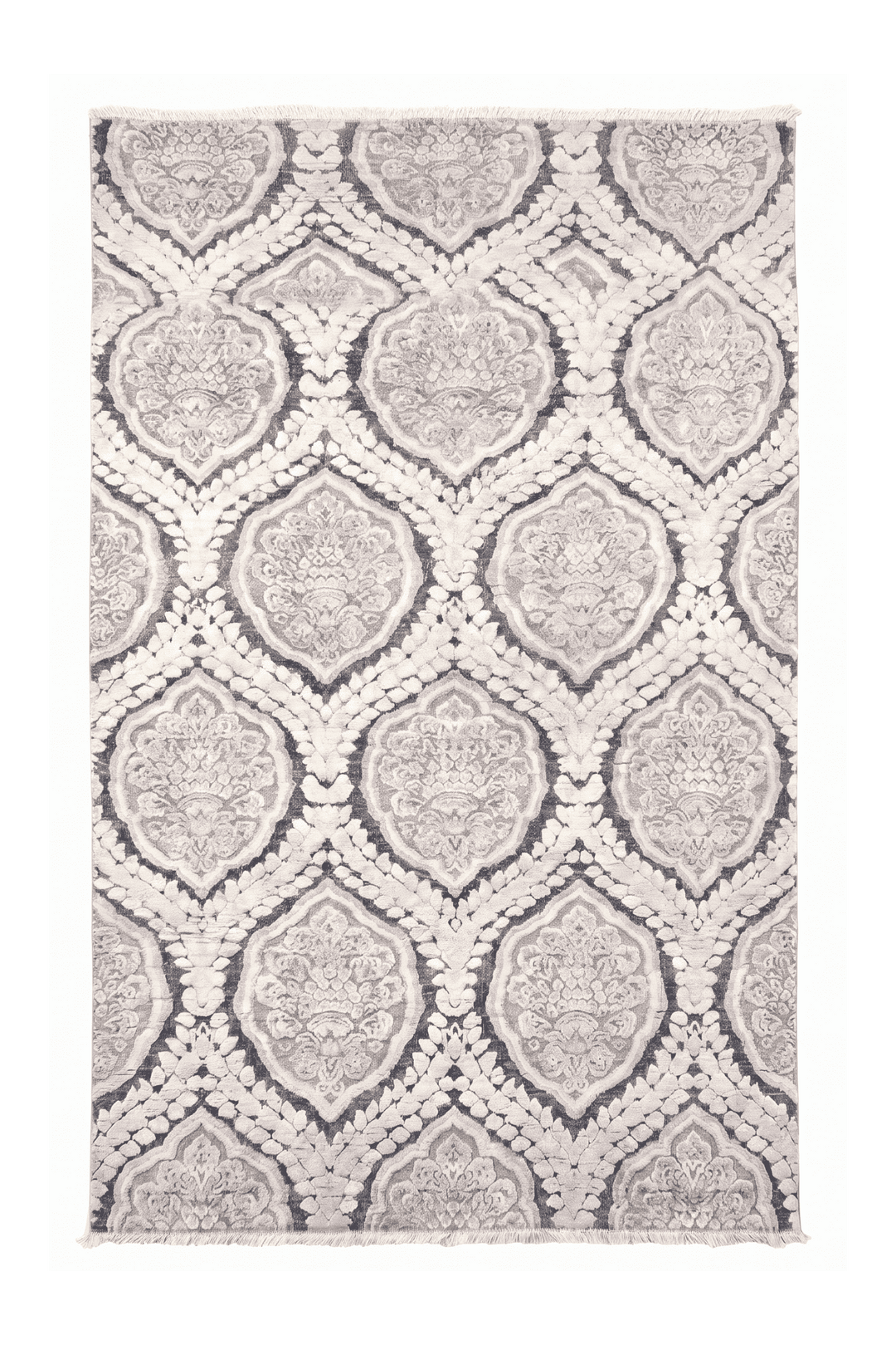 Pearl white damask Afghan Gabbeh rug in wool and silk