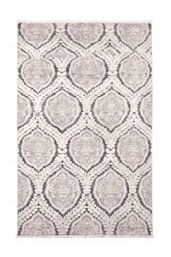 Pearl white damask Afghan Gabbeh rug in wool and silk