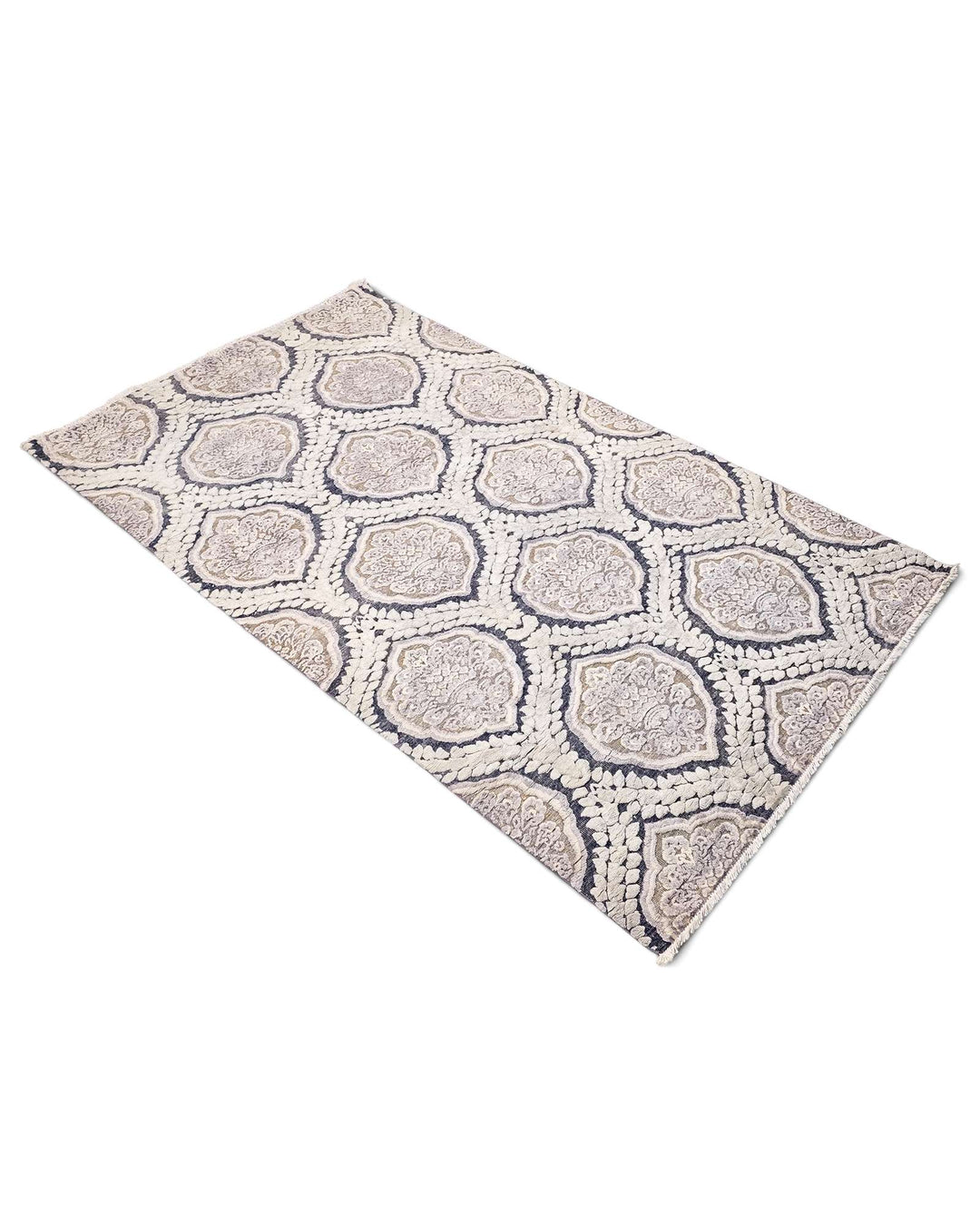 One-of-a-kind pearl white damask Afghan Gabbeh rug