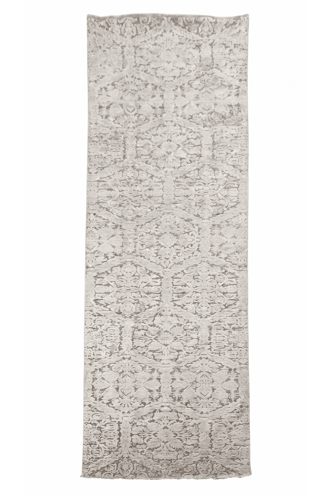 Ivory and taupe damask lattice Afghan runner in wool and silk, 91×364cm