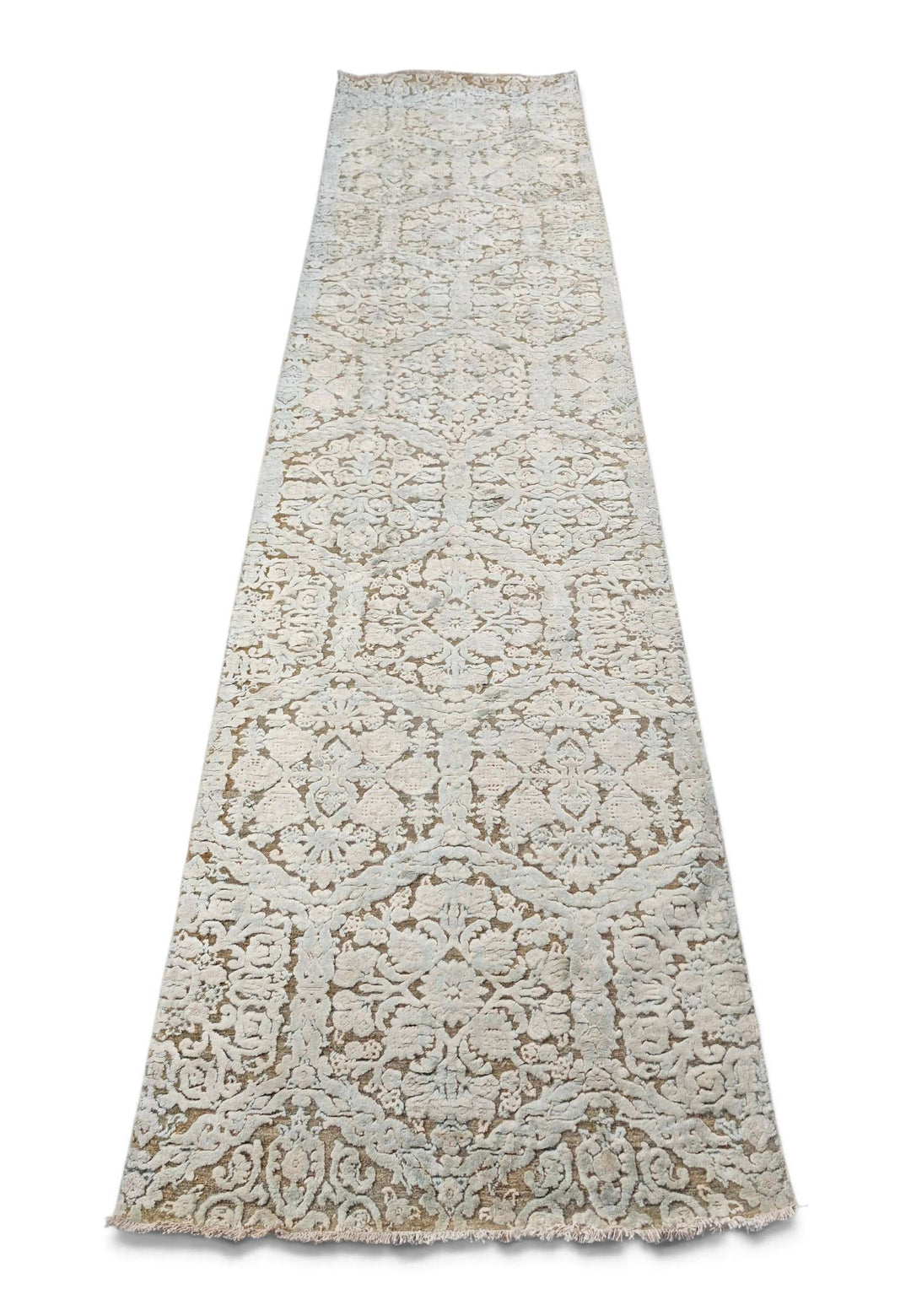 Border detail of ivory and taupe hand-knotted Afghan runner
