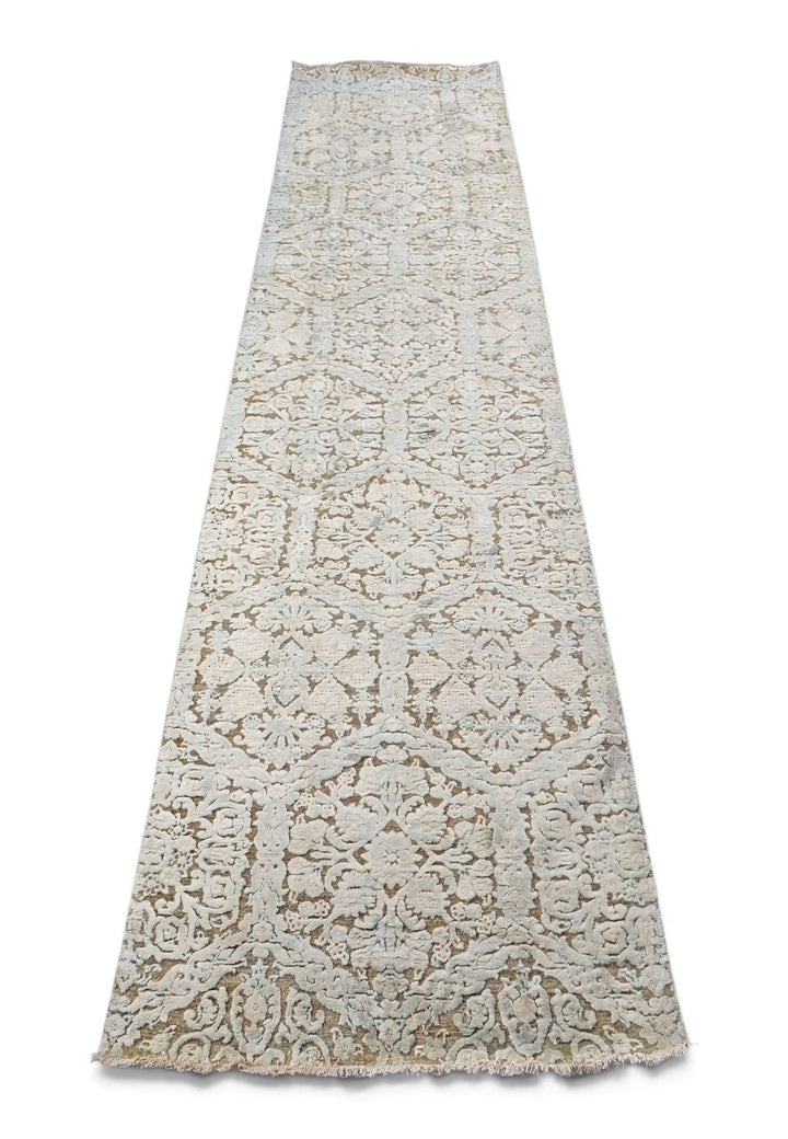 Border detail of ivory and taupe hand-knotted Afghan runner