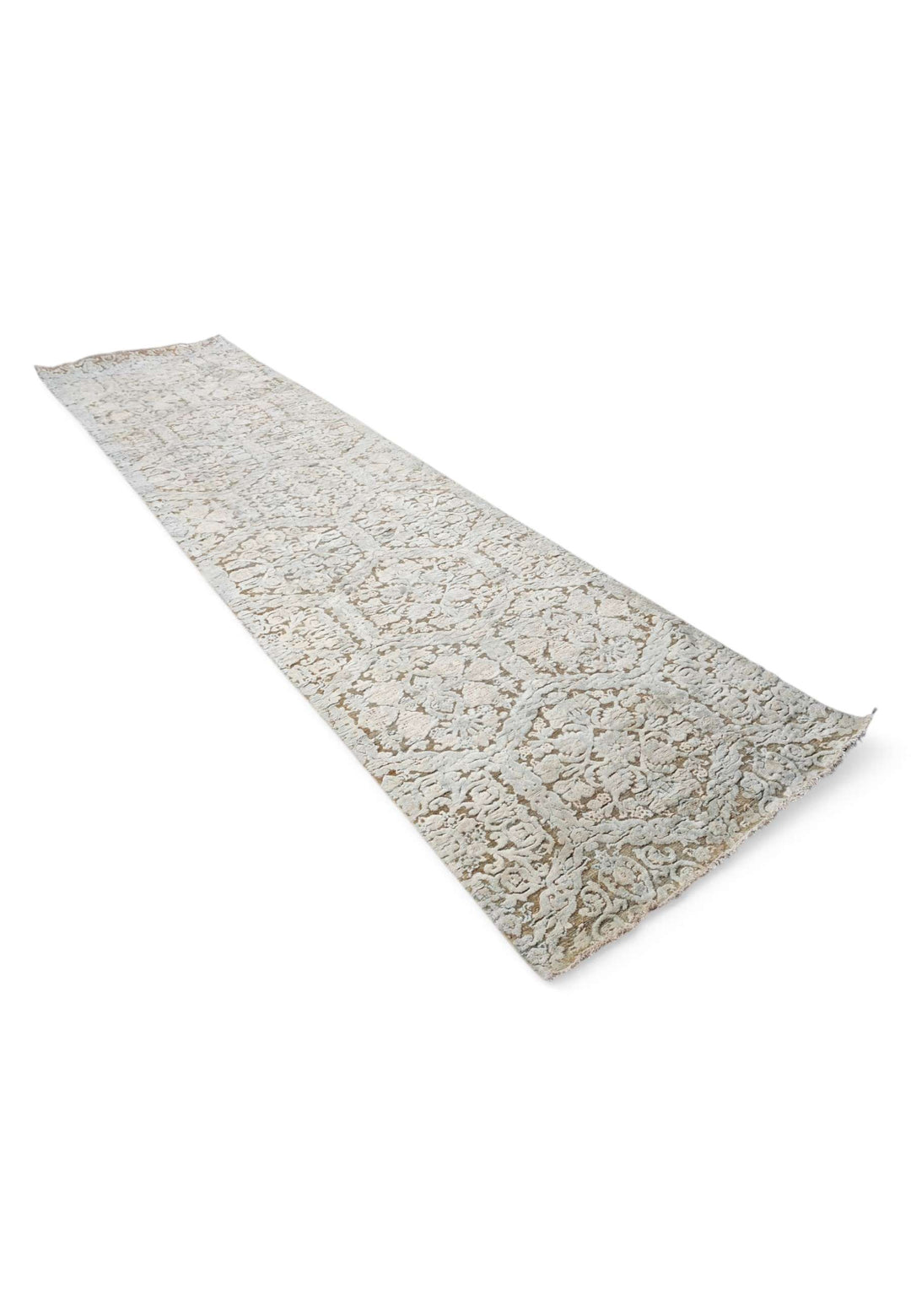 Ivory taupe Afghan runner 91×364cm in Ghazni wool and silk