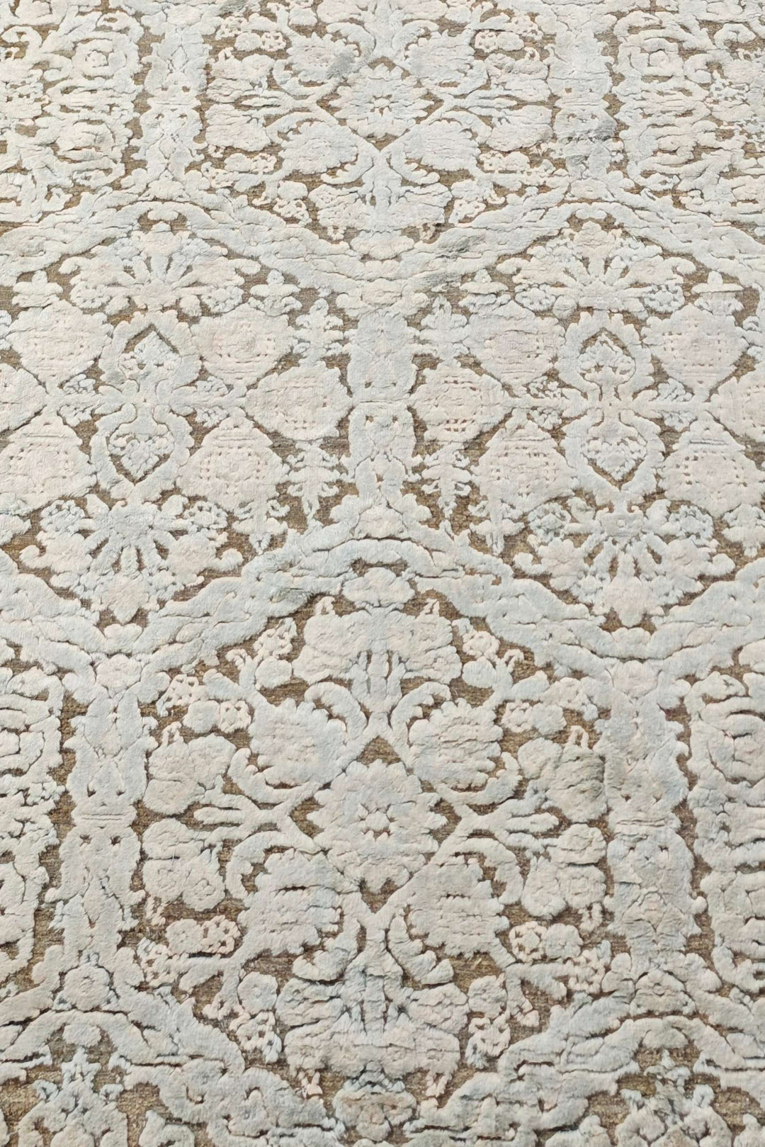 Hand-knotted ivory Afghan runner with silk damask lattice