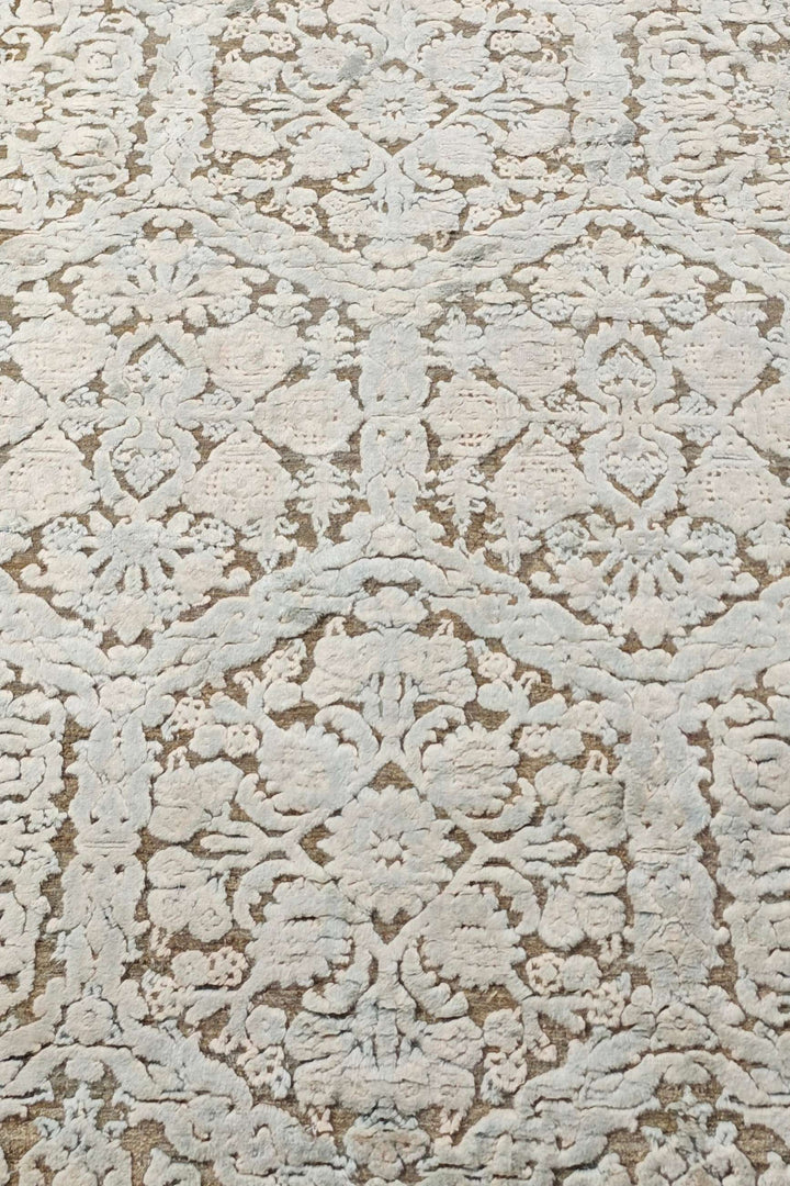 Hand-knotted ivory Afghan runner with silk damask lattice