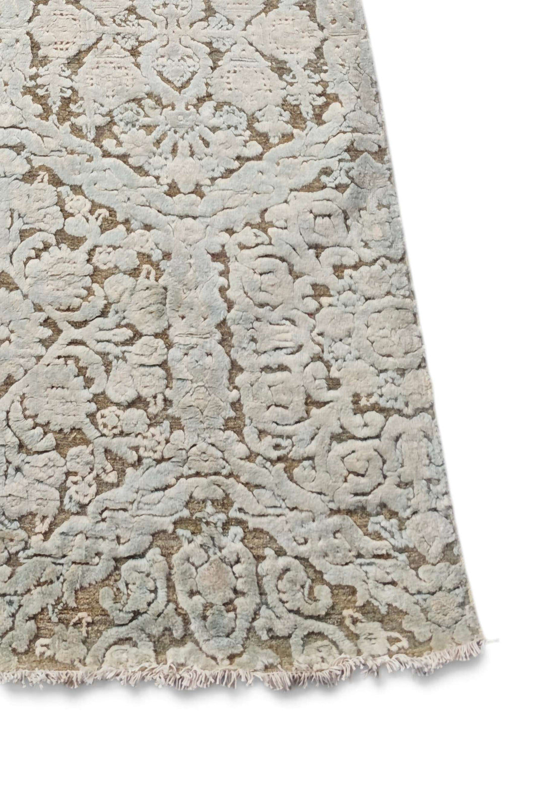 Corner of ivory and taupe damask Afghan hand-knotted runner