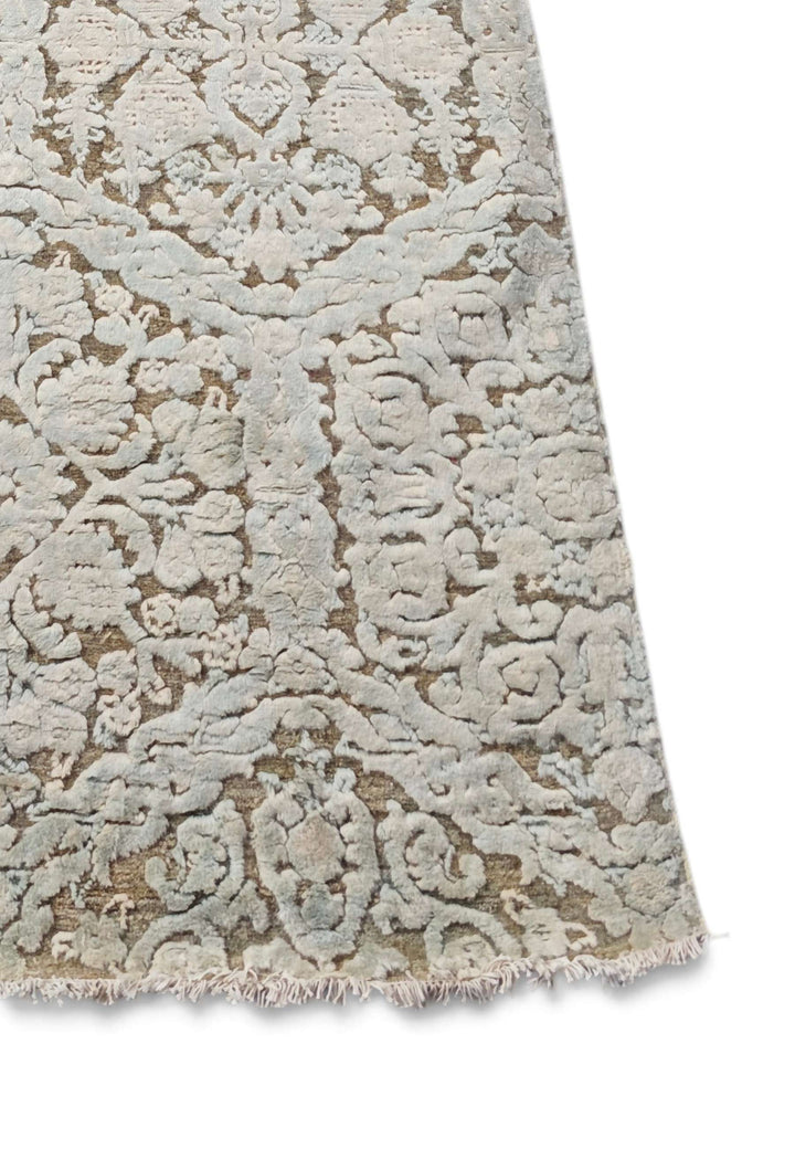 Corner of ivory and taupe damask Afghan hand-knotted runner