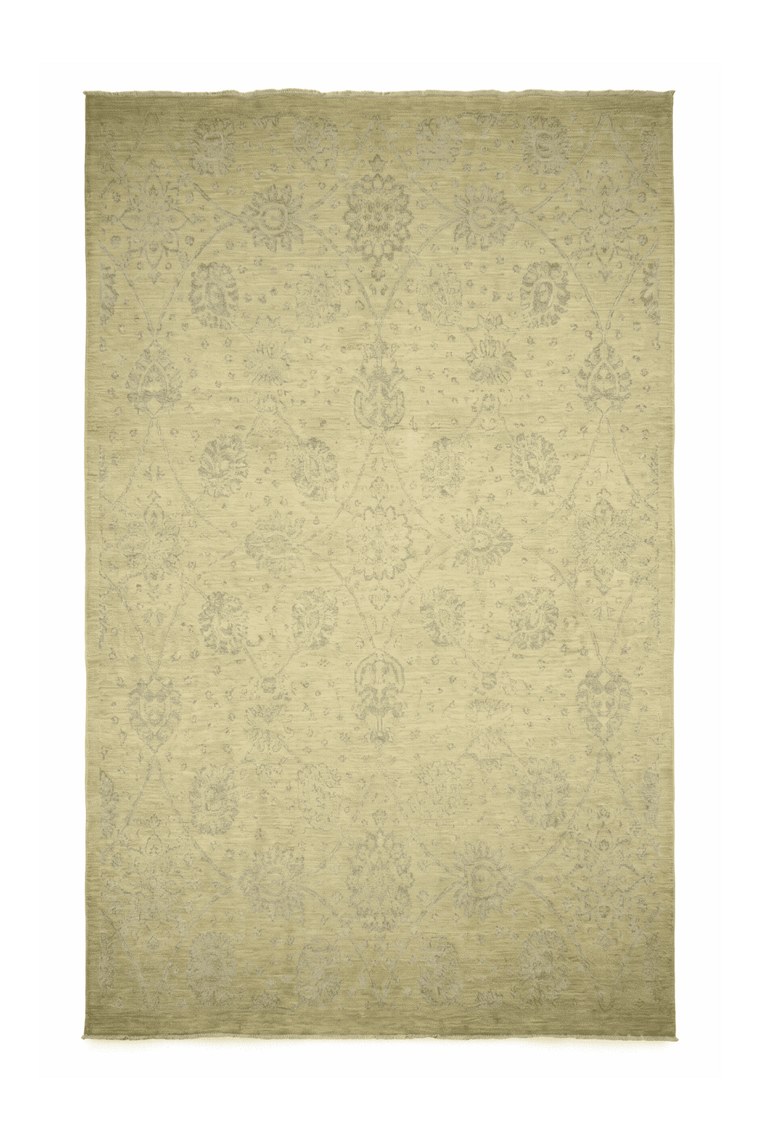 Khaki Afghan Ghazni Silk Rug, floral design, hand-knotted, 202×302cm