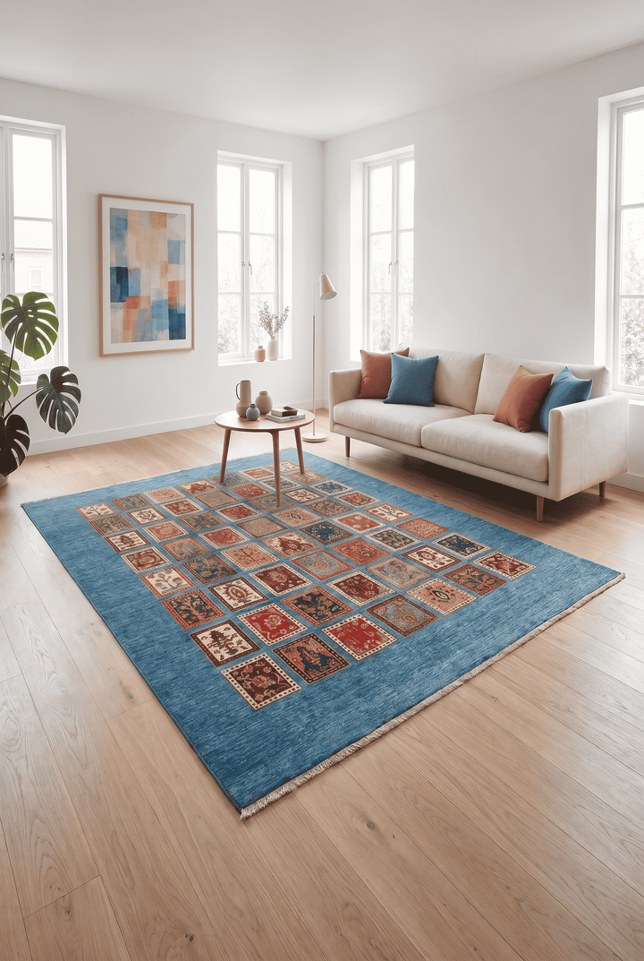 Multicolour design detail on Afghan Gabbeh wool and silk rug
